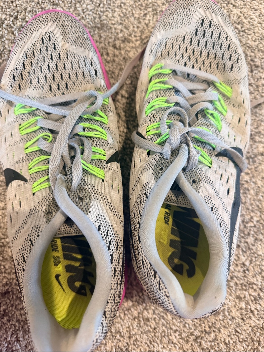 Nike Women’s Light Gray Running Shoes with Neon Green Laces and Pink Trim